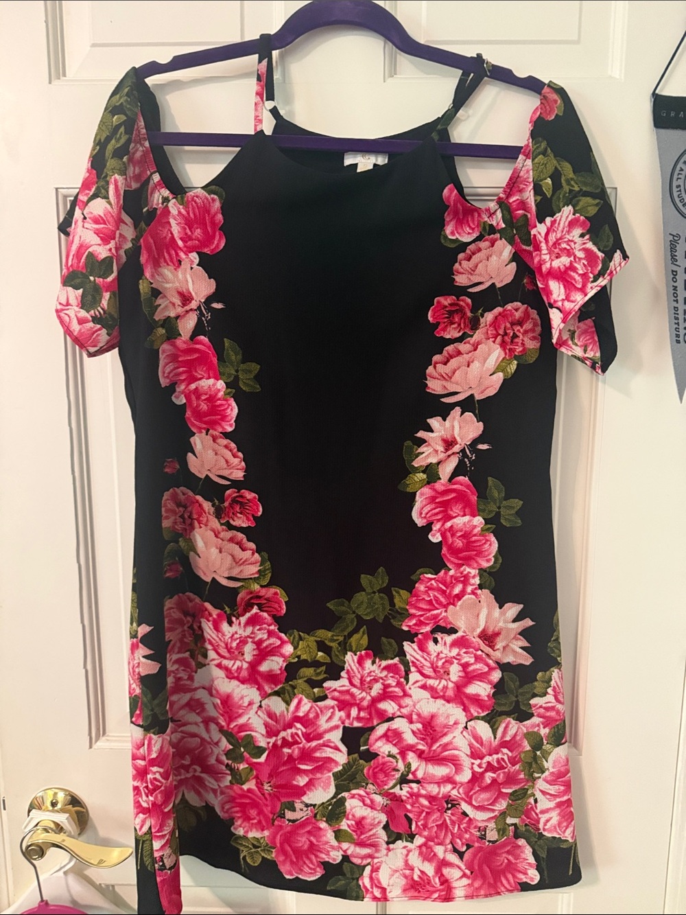 Stunning Black Cold-Shoulder Mini Dress with Pink Floral Print